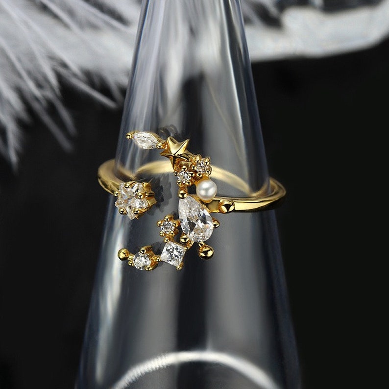 Moon Star Baguette Open End Yellow Gold Rings with CZ Fresh Water Pearls 14K Gold Plated Adjustable Statement Rings Gift for Her Bridal Gift