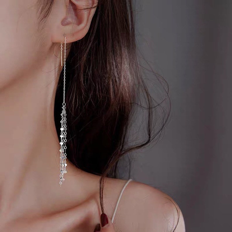 Long Silver Drop Dangle Earrings 925 Sterling Silver Threader Earring Silver Pierced Gift for Her Mom Girl