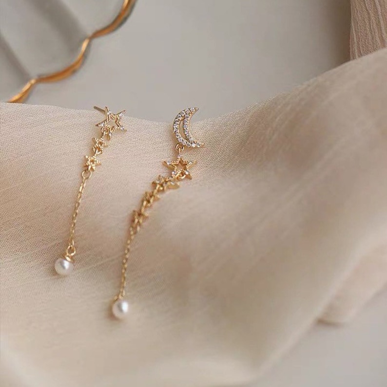 Asymmetrical Star Moon Pearl Drop Dangle Studs Earring 925 Sterling Silver Pierced Gift for Her Mom Girl