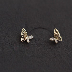 14k Gold Plated CZ Gemstone Butterfly Stud Earrings 925 Sterling Silver Dainty Studs Pierced Gift for Her image 3