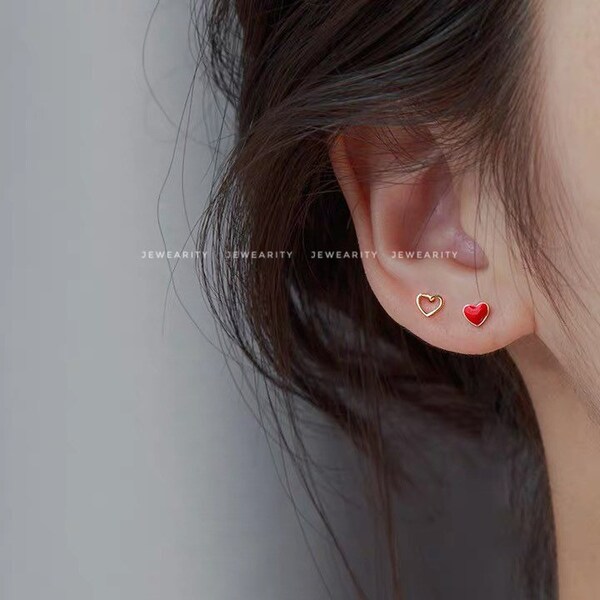 Dainty 4mm Gold Red Heart Studs Earrings 925 Sterling Silver Pierced Gift for Her