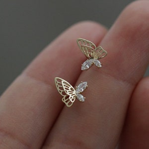 14k Gold Plated CZ Gemstone Butterfly Stud Earrings 925 Sterling Silver Dainty Studs Pierced Gift for Her image 2