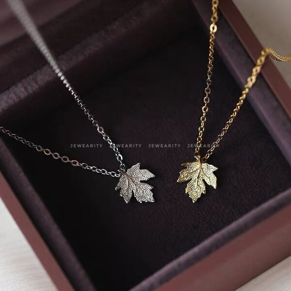 Minimalist Ahornblatt Alltag Halskette 925 Sterling Gold / Silber Zierlicher Charm Anhänger Verstellbare Länge Halsketten einzigartiges Geschenk für Ihre Mutter