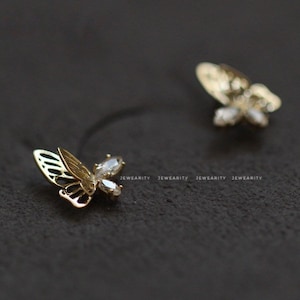 14k Gold Plated CZ Gemstone Butterfly Stud Earrings | 925 Sterling Silver | Dainty Studs Pierced Gift for Her