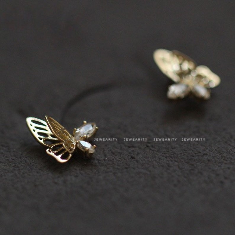 14k Gold Plated CZ Gemstone Butterfly Stud Earrings 925 Sterling Silver Dainty Studs Pierced Gift for Her image 1