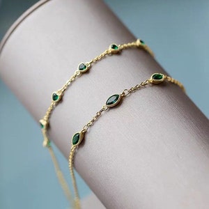 Green Emerald Gold Bracelet Thin 925 Sterling Silvet Chain Bracelet  Green Crystal Rhinestone Gemstone CZ Adjustable Length Gift for Her
