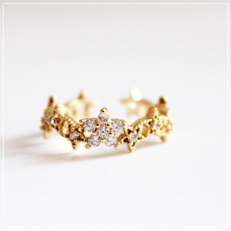 Moon Star Baguette Open End Yellow Gold Rings with CZ Fresh Water Pearls 14K Gold Plated Adjustable Statement Rings Gift for Her Bridal Gift
