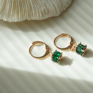 Emerald Mini Hoop Earrings 14k Gold Plated Huggies Green Cubic Zirconia Rhinestone Gemstone Drop Earring Pierced Gift for Her image 3