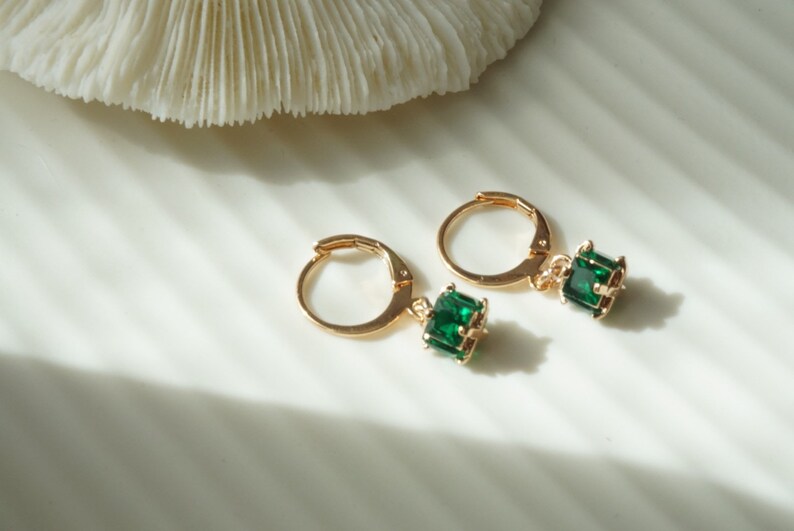 Emerald Mini Hoop Earrings 14k Gold Plated Huggies Green Cubic Zirconia Rhinestone Gemstone Drop Earring Pierced Gift for Her image 3
