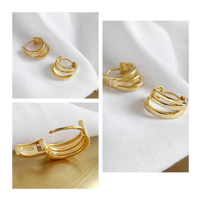 Dainty Triple Hoops Earrings Gold Huggie Earrings 925 Sterling Etsy
