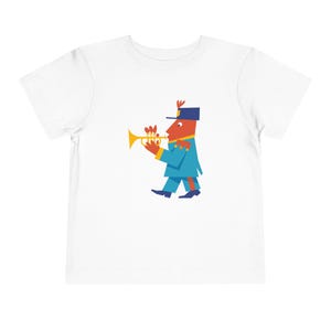 Colourful marching band trumpeter in mid-century modern cartoon style T-shirt