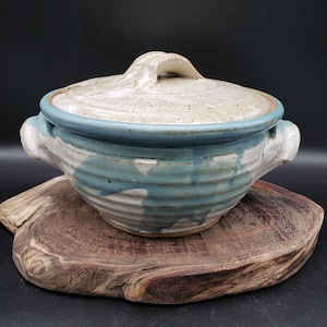 May include: A handmade ceramic casserole dish with a lid. The dish is off-white with a blue rim and accents. It has two handles and a handle on the lid. The dish is sitting on a piece of driftwood.