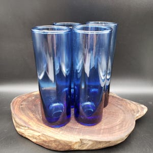 Set of 4 Hand Blown Cobalt Blue Glass Tumblers – 7" Tall Vintage Barware, Artisan Glassware, Thick Glass Bottoms