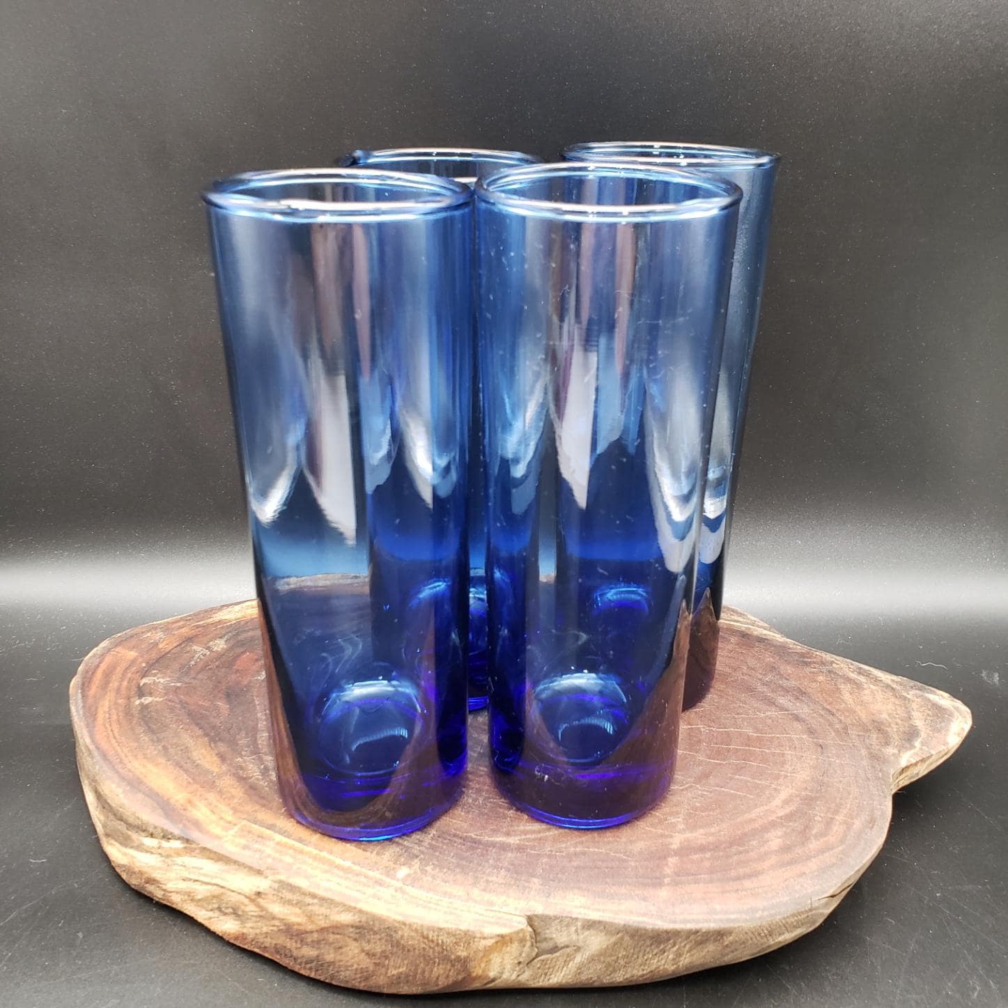 Set of 4 Hand Blown Cobalt Blue Glass Tumblers – 7" Tall Vintage Barware, Artisan Glassware, Thick Glass Bottoms