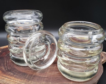 Vintage Heavy Ribbed Glass Jar Pair | Apple Lid | 4&quot; Canisters | Rustic Kitchen