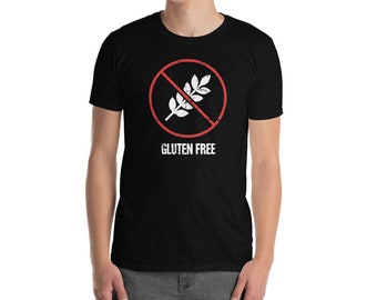 May include: Black t-shirt with a red circle and a white wheat stalk with a diagonal red line through it. The text "Gluten Free" is below the circle.