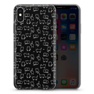 May include: A clear phone case with a black background and a white repeating pattern of cats. The case is designed for an iPhone X.