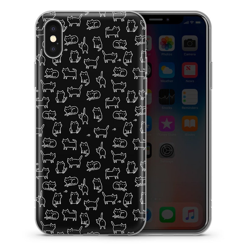 May include: A clear phone case with a black background and a white repeating pattern of cats. The case is designed for an iPhone X.