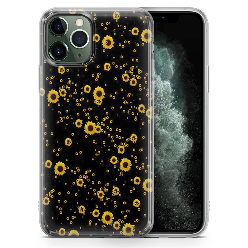 Puede incluir: Carcasa transparente para tel&eacute;fono con fondo negro y un patr&oacute;n de girasoles amarillos. La carcasa est&aacute; dise&ntilde;ada para un iPhone.