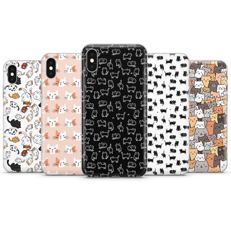 May include: Five different phone cases with cat designs. The cases are clear and show a variety of cat patterns, including black cats, white cats, and orange cats.