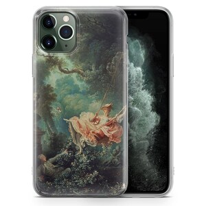 Puede incluir: Una funda transparente para tel&eacute;fono con una pintura de una mujer en un columpio en un jard&iacute;n. La pintura es de estilo vintage con colores apagados.