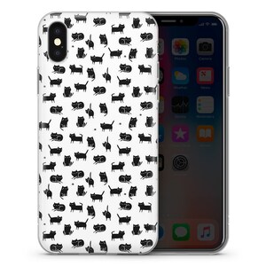 May include: A clear phone case with a black and white pattern of cats. The case is designed for an iPhone X.