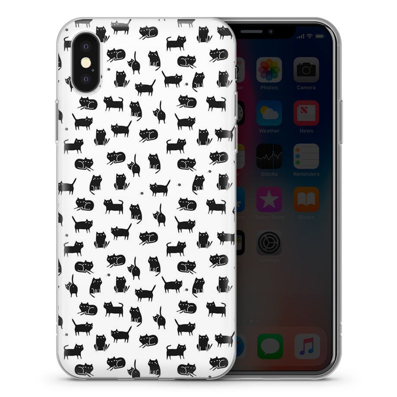 May include: A clear phone case with a black and white pattern of cats. The case is designed for an iPhone X.
