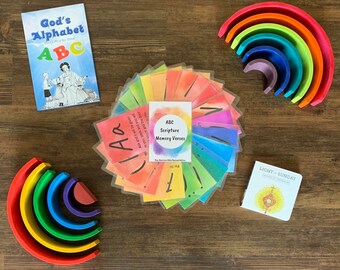 ABC Scripture Memory Verse Cards, Catholic Memory Verse Cards, ABC Bible Verse Memory Cards, Kids Alphabet Verses, Rainbow Bible Verse Cards