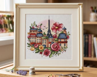 Paris City Cross Stitch Pattern, Floral Embroidery (PDF Pattern)