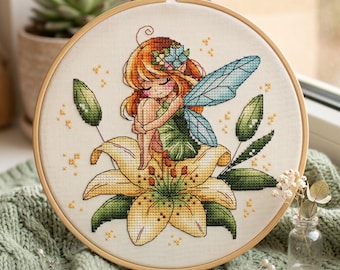 Fairy on Lily Cross Stitch Pattern, Hand-Designed Embroidery (PDF File)