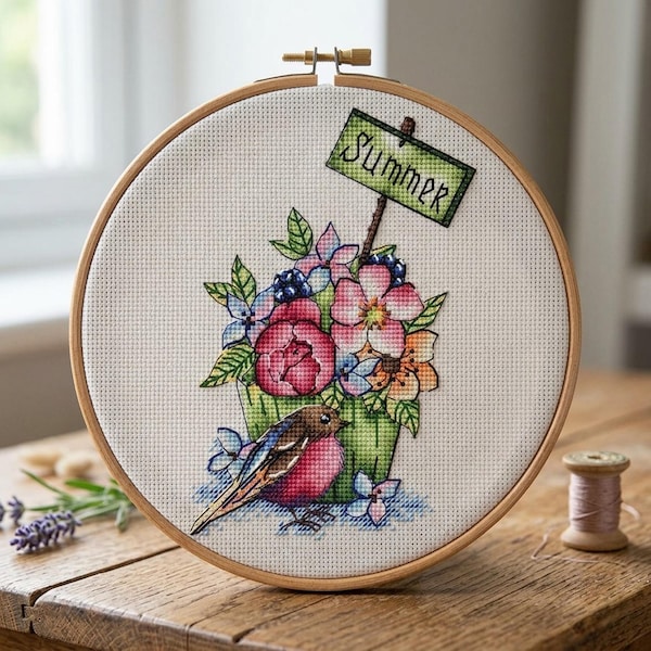 Bird and Flowers Cross Stitch Pattern, Summer Decor (Digital PDF)