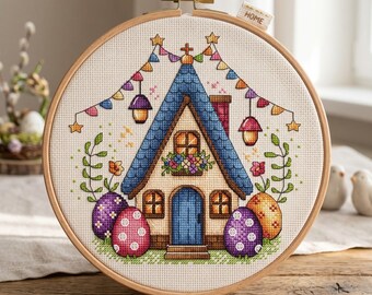 Easter House Cross Stitch Pattern, Eggs and Flowers (Digital Download)