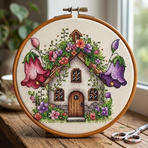 Floral House Cross Stitch Pattern, Little Bell Flowers Embroidery (PDF Pattern)
