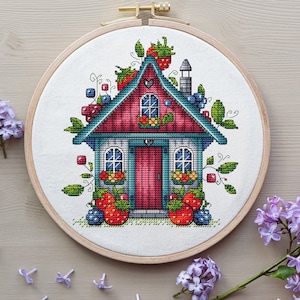 House Cross Stitch Pattern Digital Download, Berry House Embroidery, House with Berries, Spring Decor, Cozy House Pattern PDF