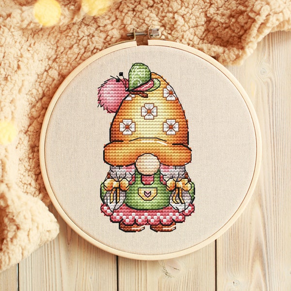 Gnome Cross stitch pattern PDF, Spring Gnome Counted Cross Stitch, Cute Gnome Embroidery Instant Download File, Wall Decor