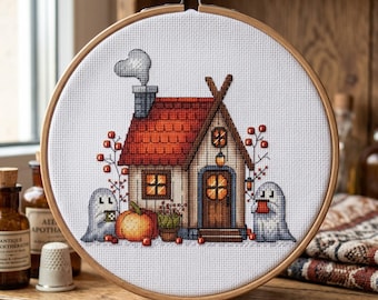 House Cross Stitch Pattern, Halloween Decor Embroidery (PDF Pattern)