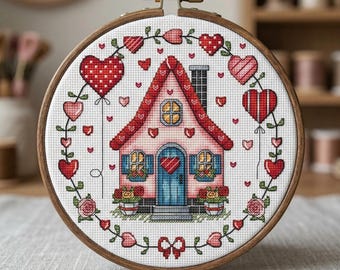 Love House Cross Stitch Pattern, Valentine's Day Cottage (Digital File)