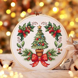 Christmas Tree Cross Stitch Pattern PDF, Christmas Gift Cross Stitch, Holiday Joy Hand Embroidery, Christmas Crafts Digital Download