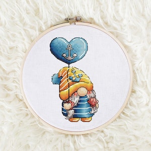 Gnome Cross stitch pattern PDF, Summer Sea Gnome Counted Cross Stitch, Cute Gnome Embroidery Instant Download File, Wall Decor