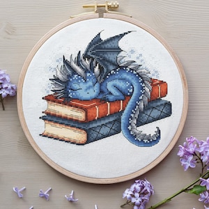 Dragon Cross Stitch Pattern, Sleeping Dragon on Book Cross Stitch, Blue Dragon, Fantasy Cross Stitch, Cute Dragon Cross Stitch Pattern PDF