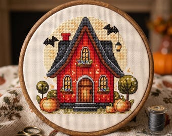 Halloween House Cross Stitch Pattern, Bats and Pumpkins (PDF Pattern)