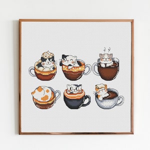Cats Cross Stitch Pattern PDF, Coffee Cats Cross Stitch, Kitchen Decor, Kitty Cross Stitch, Instant Download