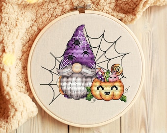 Gnome Halloween Cross Stitch Pattern, Halloween Pumpkin Pattern Cross Stitch Digital File Instant Download, Hand Embroidery Design