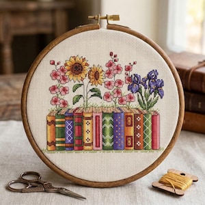 Floral Bookshelf Cross Stitch Pattern, Sunflowers and Irises Embroidery, Book Lover Gift, Spring Floral Needlepoint (Digital File PDF)