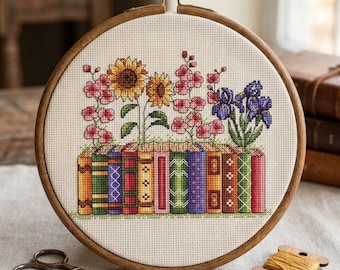 Floral Bookshelf Cross Stitch Pattern, Sunflowers and Irises Embroidery, Book Lover Gift, Spring Floral Needlepoint (Digital File PDF)