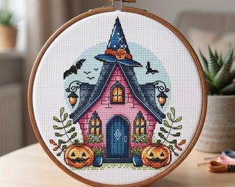Halloween House Cross Stitch Pattern, Pumpkin Decor (PDF Download)