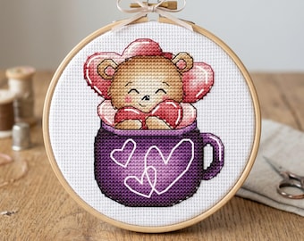 Teddy Bear in Cup Cross Stitch Pattern, Valentines Day (PDF Pattern)