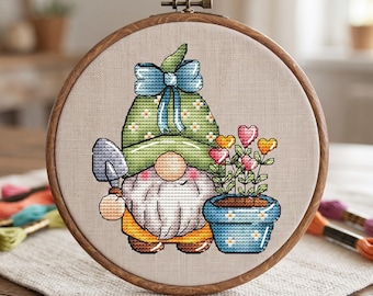 Spring Gnome Cross Stitch Pattern, Hand-Designed Embroidery (PDF Pattern)