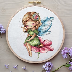 Fairy Cross Stitch Pattern, Fairy On a Flower Cross Stitch, Flowers Fairy Embroidery, Cute Littel Girl Cross Stitch Pattern Digital File PDF