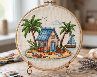Paradise Island Cross Stitch Pattern, Tropical Beach (PDF Pattern)